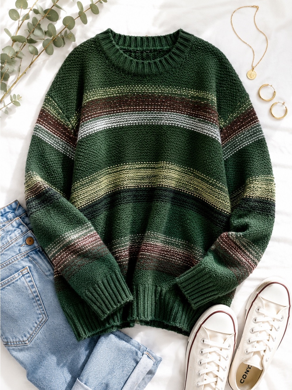 Target Cozy Oversized Chunky Knit Sweater Tagged Size X Green Stripe - Picture 2 of 8